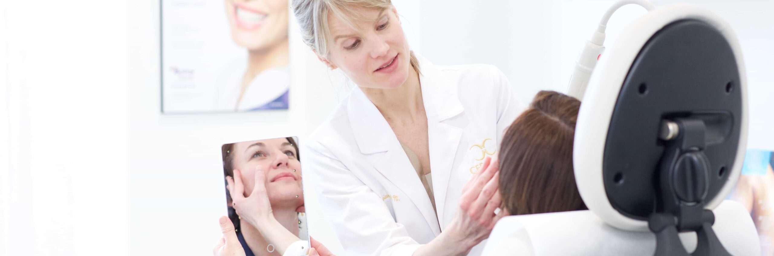 Showing client the results of anti aging treatment